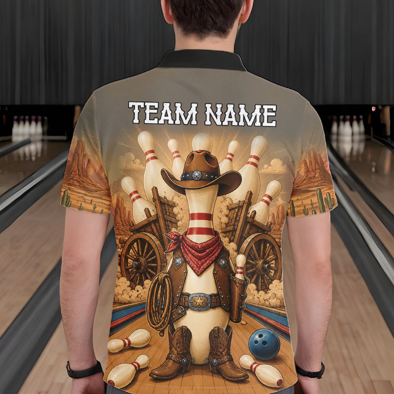 Man wearing funny cowboy bowling polo shirt back view.