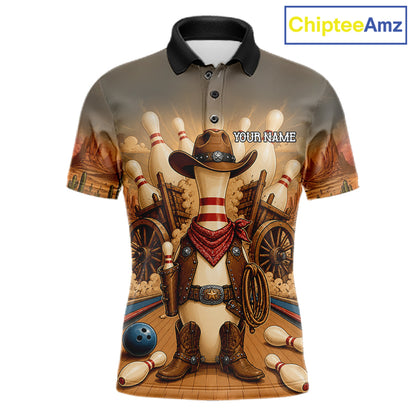 Funny cowboy bowling polo shirt for men, custom bowling team jersey.