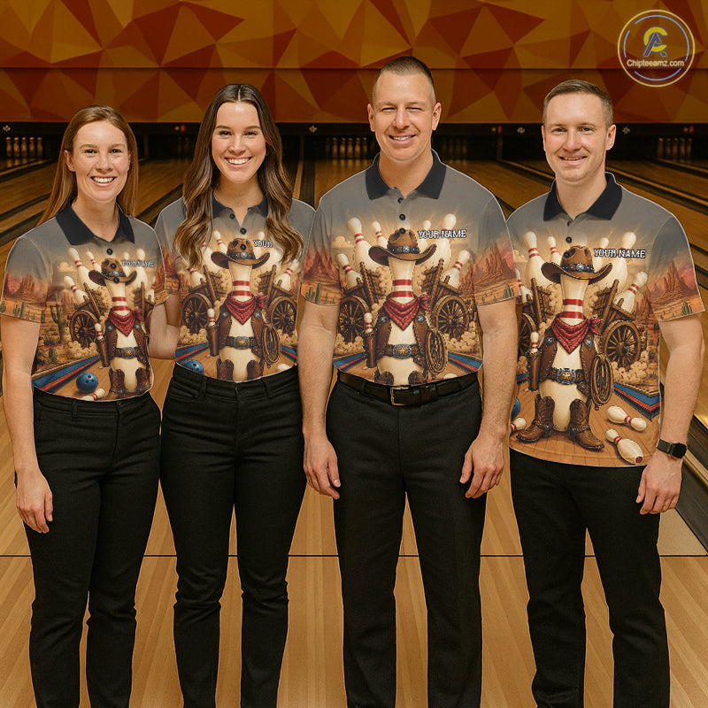 Bowling team wearing matching funny cowboy jerseys front view.