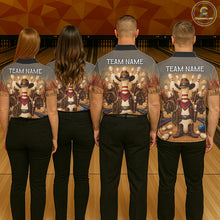 Load image into Gallery viewer, Bowling team wearing matching funny cowboy jerseys back view.