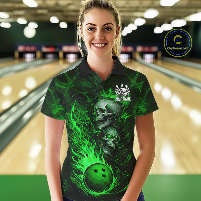 Green Flaming Skull Bowling Shirts For Women Custom Fire Bowling Team Jersey Polo & Quarter Zip TDM5618