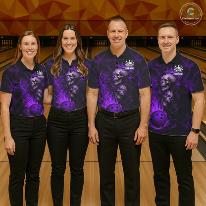 Purple Flaming Skull Bowling Shirts For Women Custom Fire Bowling Team Jersey Polo & Quarter Zip TDM5619