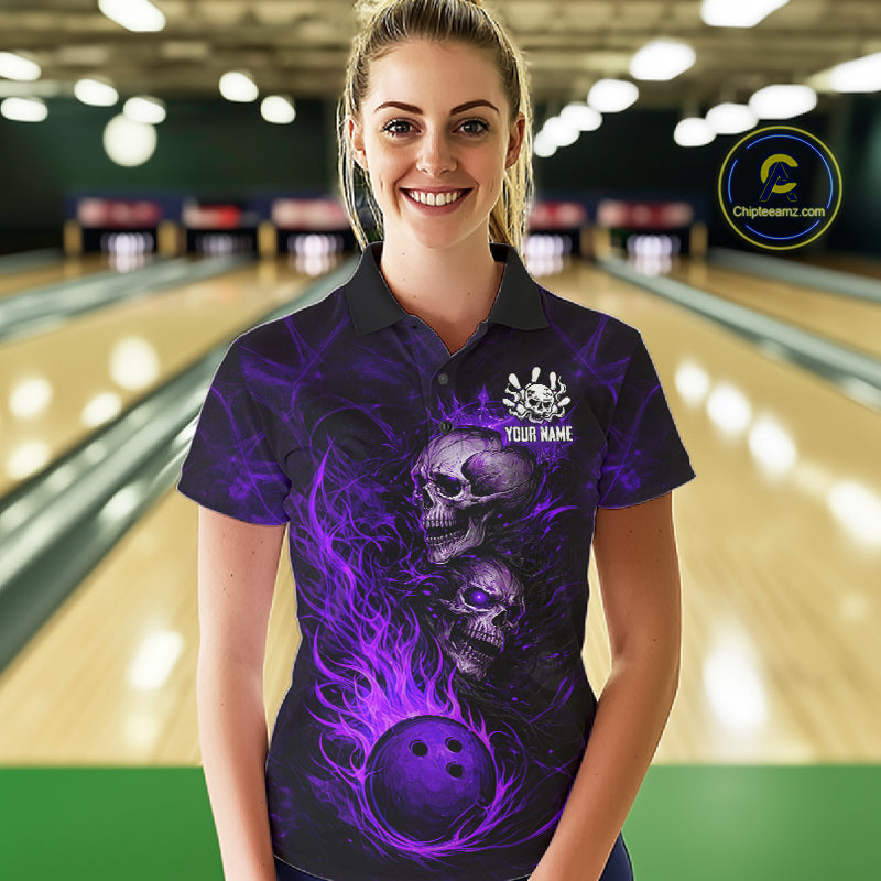 Purple Flaming Skull Bowling Shirts For Women Custom Fire Bowling Team Jersey Polo & Quarter Zip TDM5619