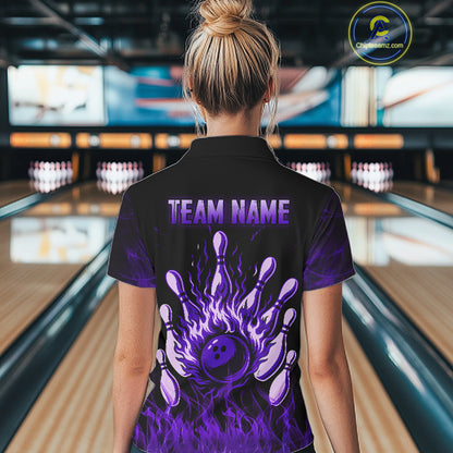 Purple Flaming Skull Bowling Shirts For Women Custom Fire Bowling Team Jersey Polo & Quarter Zip TDM5619