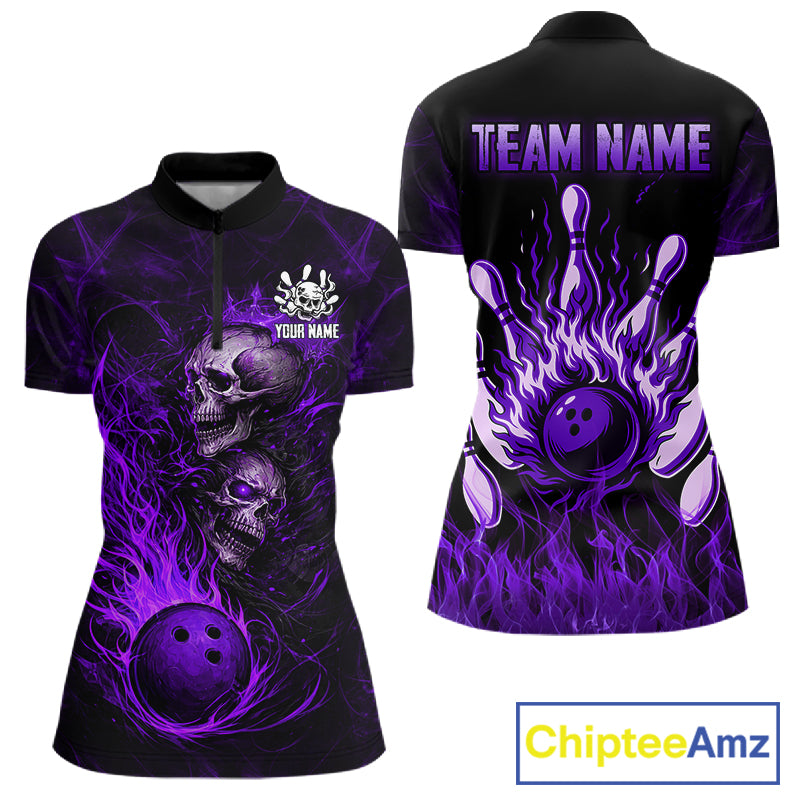 Purple Flaming Skull Bowling Shirts For Women Custom Fire Bowling Team Jersey Polo & Quarter Zip TDM5619