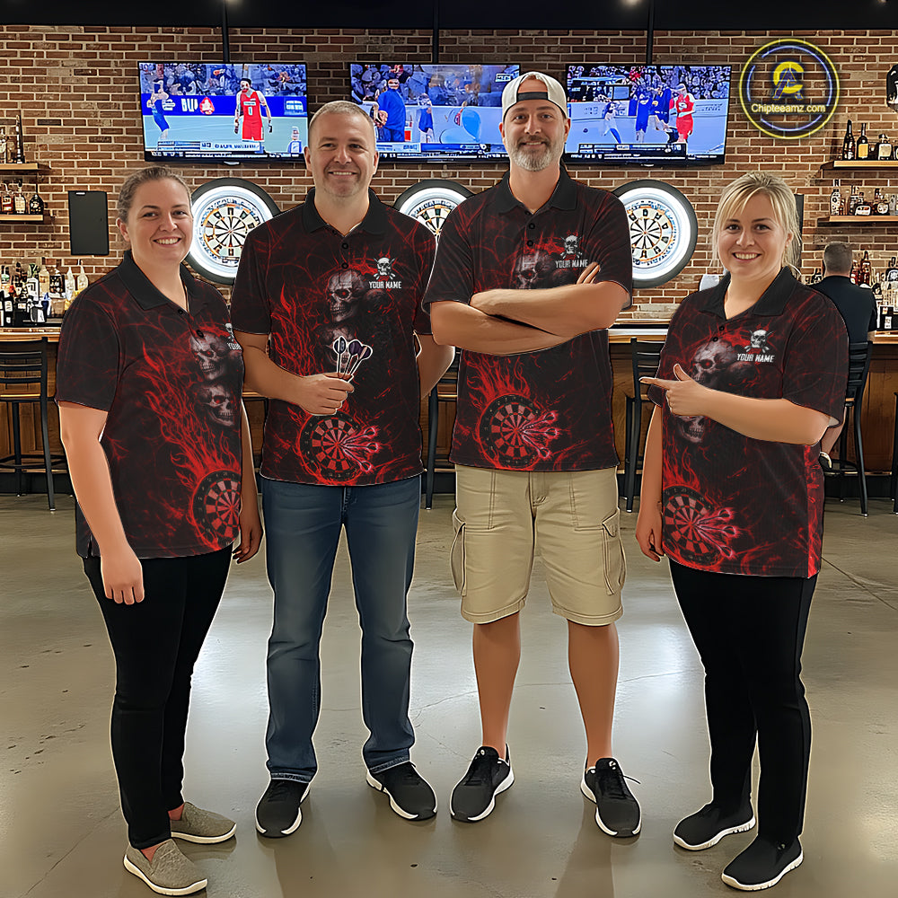 Red Flaming Skull Darts Polo & Quarter Zip Custom Fire Darts Shirt For Men, Darts Team Jersey TDM5620