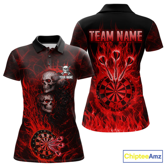 Red Flaming Skull Darts Polo & Quarter Zip Custom Fire Darts Shirt For Women, Darts Team Jersey TDM5620