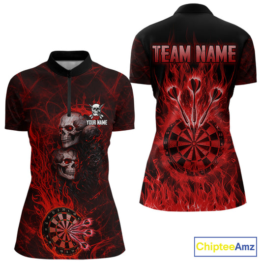 Red Flaming Skull Darts Polo & Quarter Zip Custom Fire Darts Shirt For Women, Darts Team Jersey TDM5620