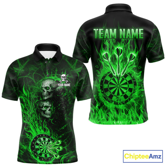 Green Flaming Skull Darts Polo & Quarter Zip Custom Fire Darts Shirt For Men, Darts Team Jersey TDM5621