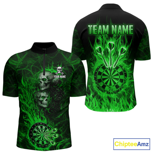 Green Flaming Skull Darts Polo & Quarter Zip Custom Fire Darts Shirt For Men, Darts Team Jersey TDM5621