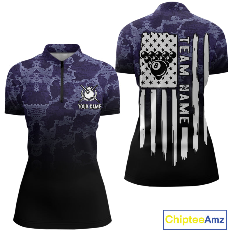 Black And Purple Camo US Flag 8 Ball Billiard Shirt For Women Custom Pool Team Jersey Polo & 1/4 Zip TDM5995