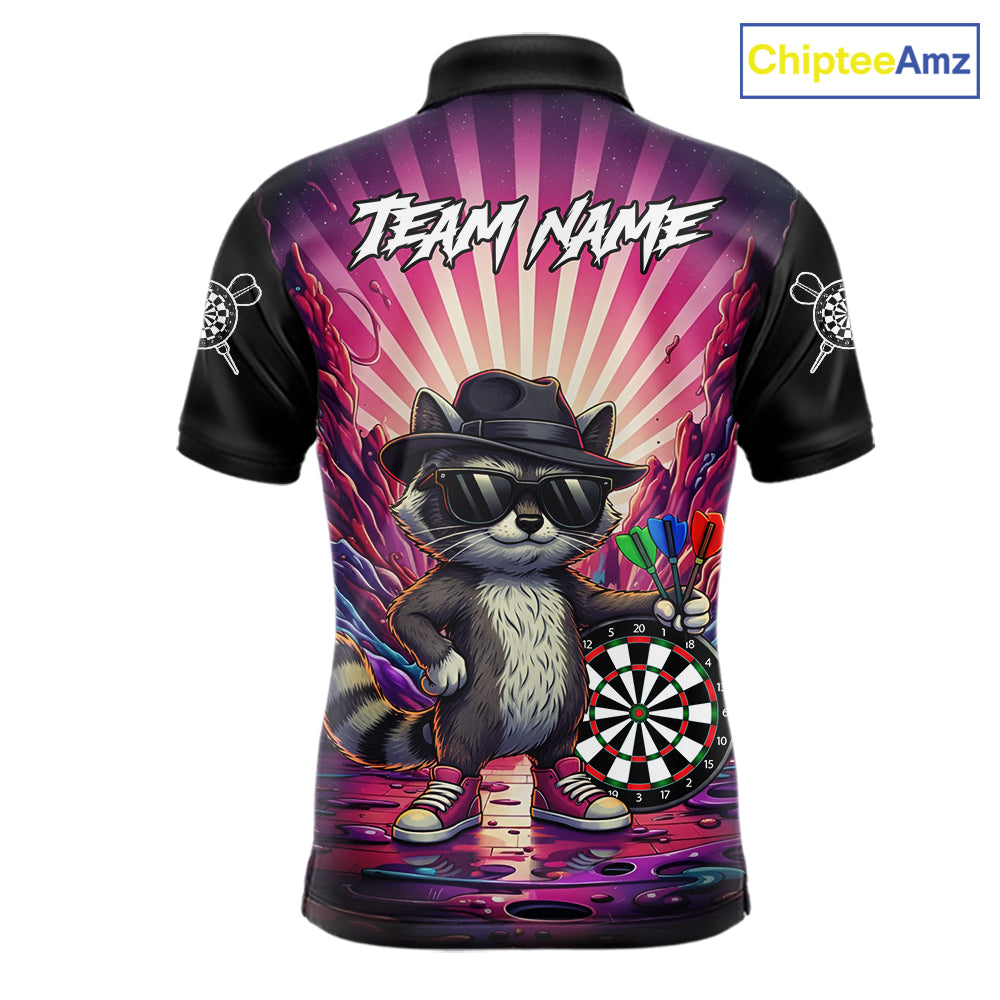 Pink Funny Raccoon Neon Graffiti Darts Shirt For Men Custom Darts Jersey Team Polo & 1/4 Zip TDM6000