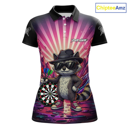 Pink Funny Raccoon Neon Graffiti Darts Shirt For Women Custom Darts Jersey Team Polo & 1/4 Zip TDM6000