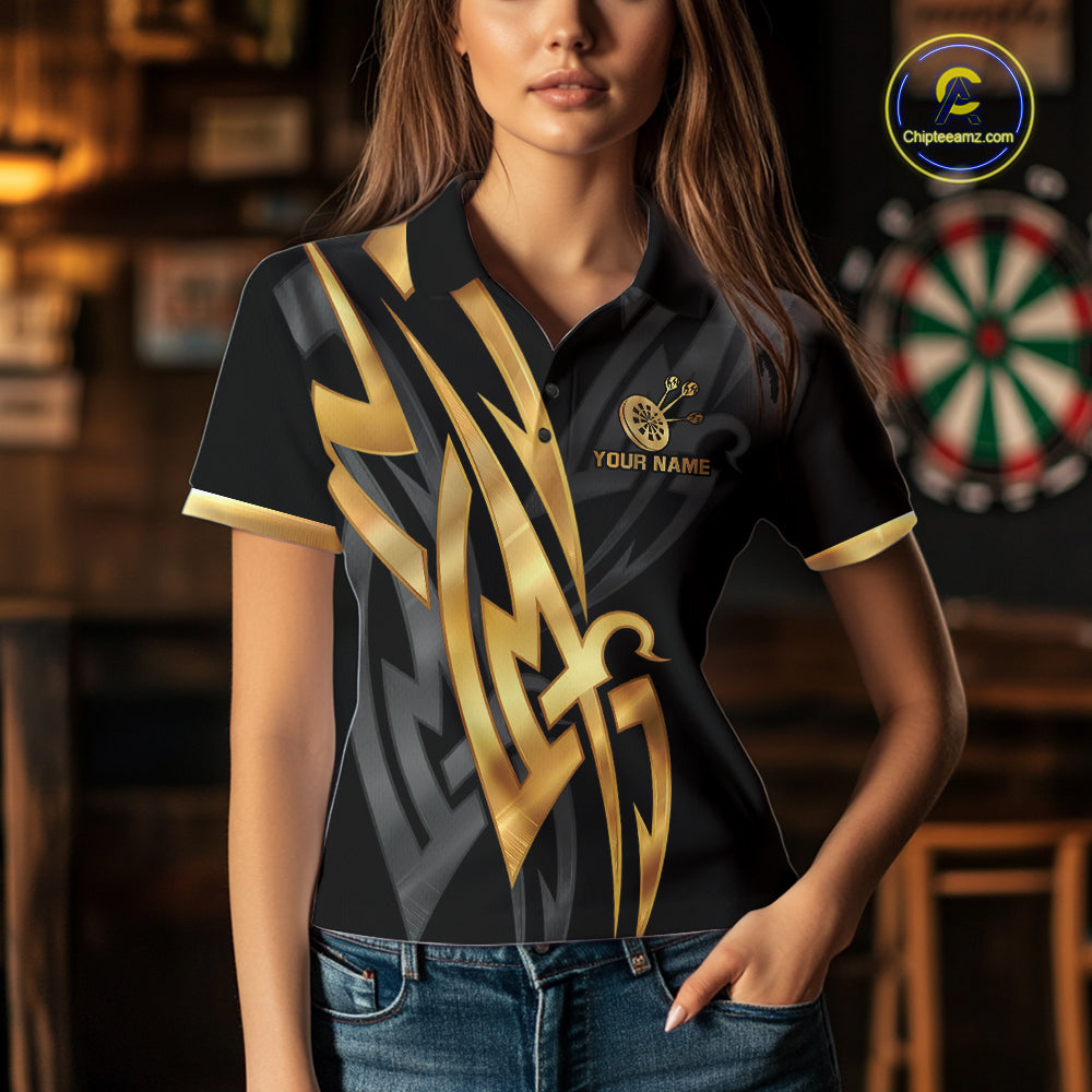 Black And Gold Dartboard Crown Dart Shirts For Women Custom Tribal Dart Jersey Team Polo & 1/4 Zip TDM6228
