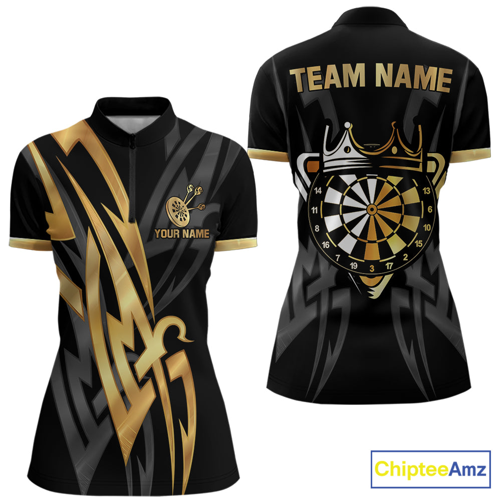 Black And Gold Dartboard Crown Dart Shirts For Women Custom Tribal Dart Jersey Team Polo & 1/4 Zip TDM6228