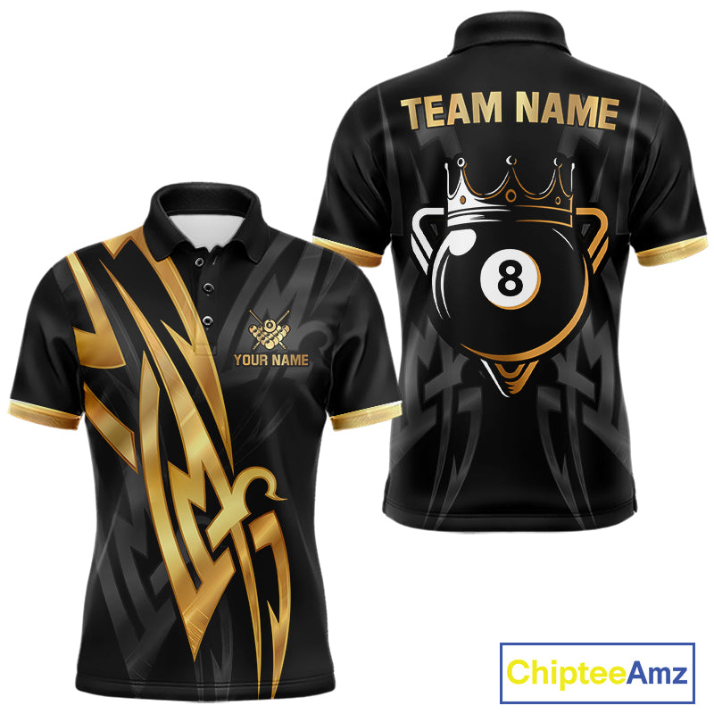 Black And Gold 8 Ball Crown Billiard Shirts For Men Custom Tribal Pool Team Jersey Polo & 1/4 Zip TDM6229