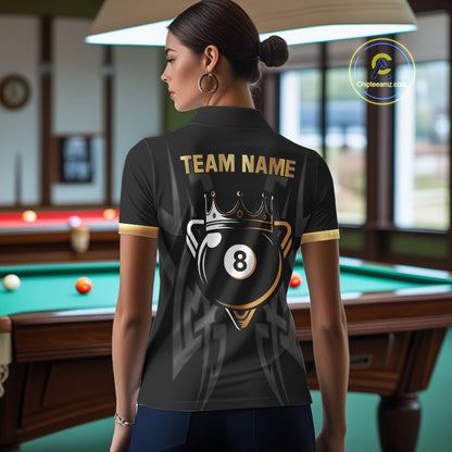 Black And Gold 8 Ball Crown Billiard Shirts For Women Custom Tribal Pool Team Jersey Polo & 1/4 Zip TDM6229