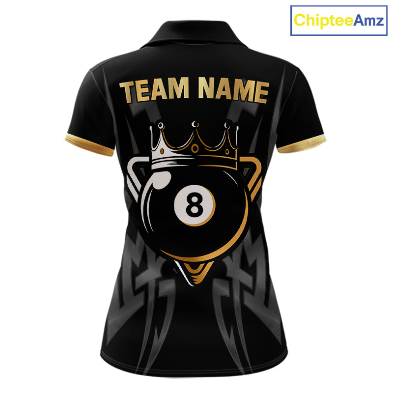 Black And Gold 8 Ball Crown Billiard Shirts For Women Custom Tribal Pool Team Jersey Polo & 1/4 Zip TDM6229