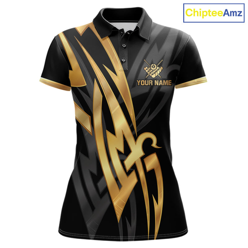 Black And Gold 8 Ball Crown Billiard Shirts For Women Custom Tribal Pool Team Jersey Polo & 1/4 Zip TDM6229