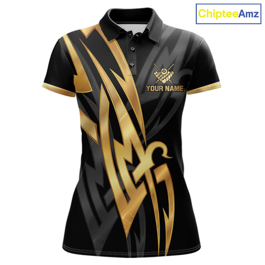 Black And Gold 8 Ball Crown Billiard Shirts For Women Custom Tribal Pool Team Jersey Polo & 1/4 Zip TDM6229