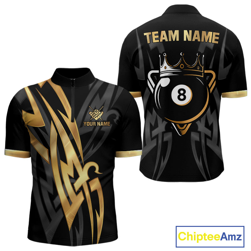 Black And Gold 8 Ball Crown Billiard Shirts For Men Custom Tribal Pool Team Jersey Polo & 1/4 Zip TDM6229