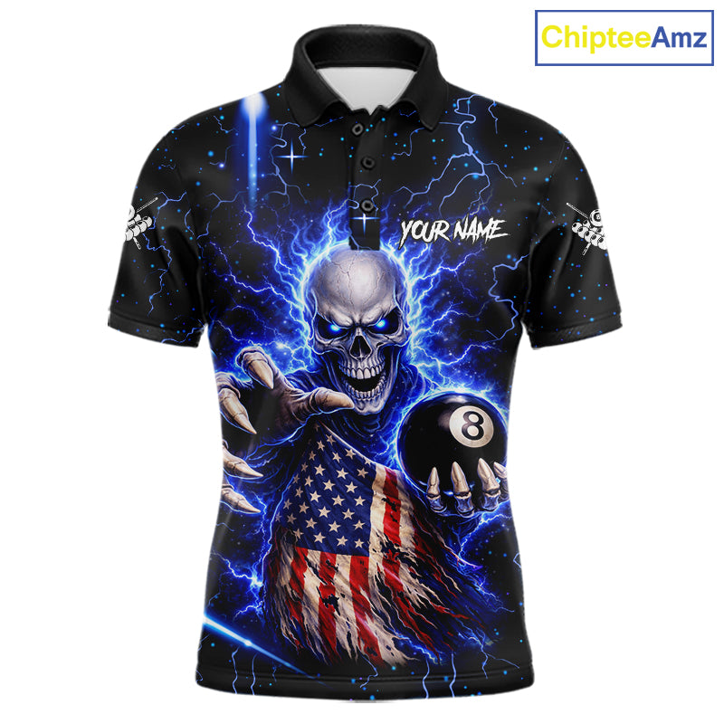 Blue Lightning 8 Ball US Flag Skull Billiard Shirt For Men Custom Pool Team Jersey Polo & 1/4 Zip TDM6230
