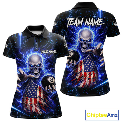 Blue Lightning 8 Ball US Flag Skull Billiard Shirt For Women Custom Pool Team Jersey Polo & 1/4 Zip TDM6230
