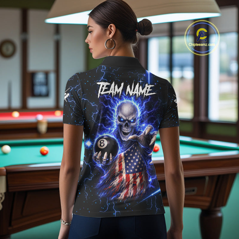 Blue Lightning 8 Ball US Flag Skull Billiard Shirt For Women Custom Pool Team Jersey Polo & 1/4 Zip TDM6230