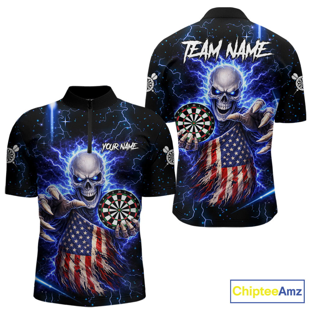 Blue Lightning US Flag Skull Darts Shirt For Men Custom Darts Jersey Team Polo & Quarter Zip TDM6231