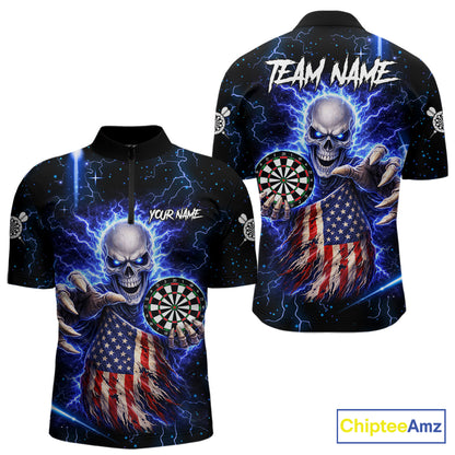Blue Lightning US Flag Skull Darts Shirt For Men Custom Darts Jersey Team Polo & Quarter Zip TDM6231
