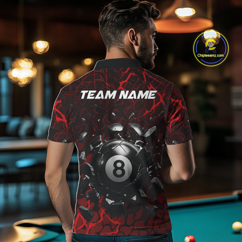 Back view of man wearing a red crack pool team shirt inside a billiards hall.