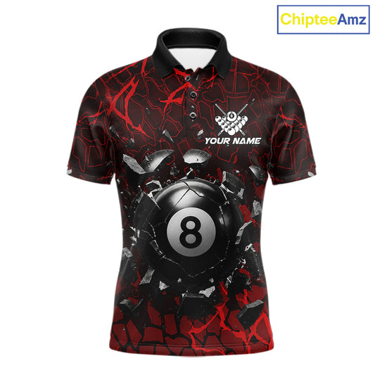 Red crack 8 ball billiard polo shirt for men with bold pool team graphics and tournament-ready style.
