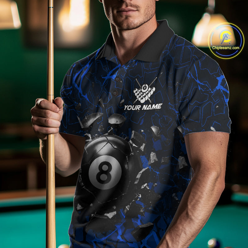 Man wearing a blue crack 8 ball billiard jersey during pool league play front view.