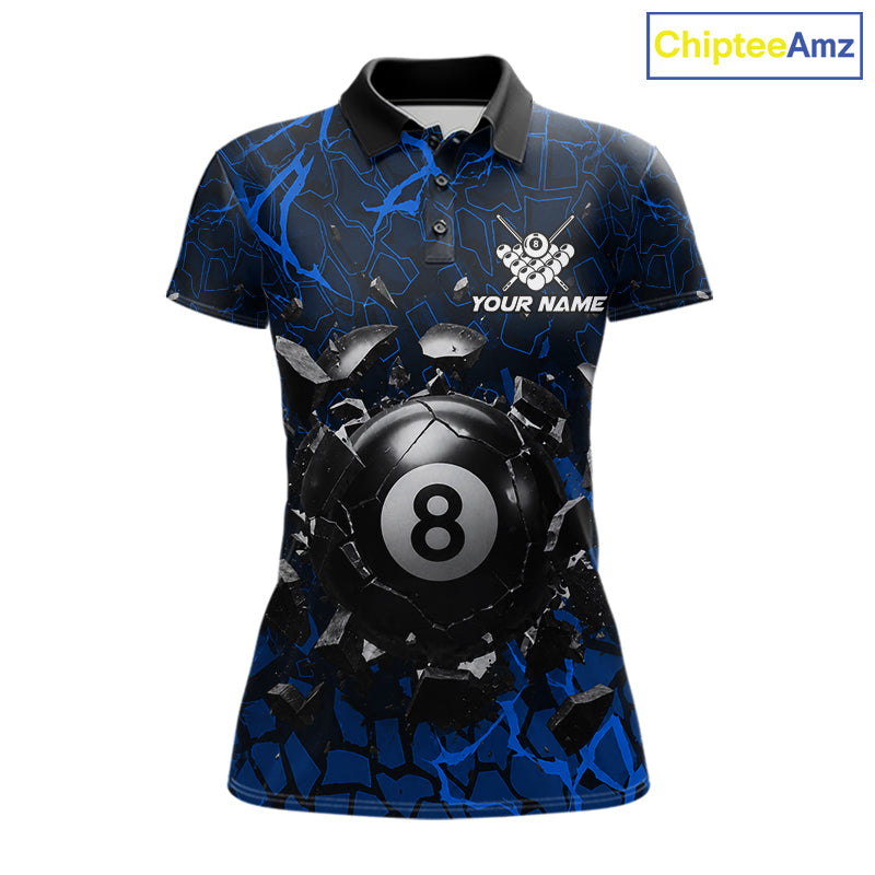 Blue crack 8 ball billiard polo shirt for women with bold league graphics and custom team style.