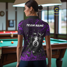 Load image into Gallery viewer, Back view of woman wearing a purple crack pool team shirt in a billiards hall.