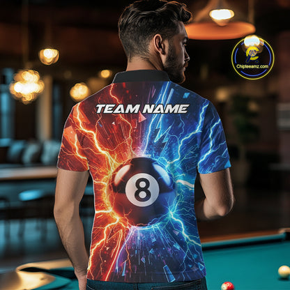 Man wearing blue and orange lightning 8 ball pool billiard polo shirt back view.