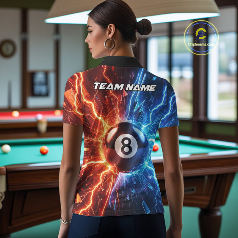 Woman wearing blue and orange lightning 8 ball pool billiard polo shirt back view.