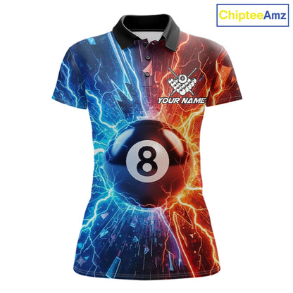 Custom blue and orange lightning 8 ball pool billiard team jersey polo shirt for women, personalized billiard league apparel and tournament jersey.
