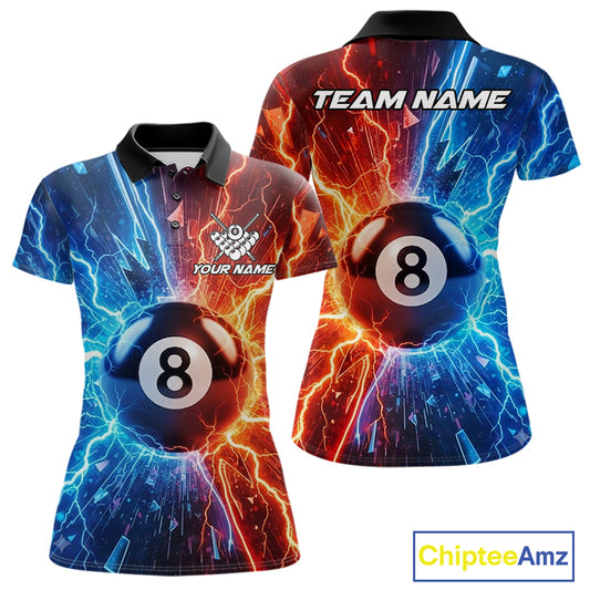 Custom blue and orange lightning 8 ball pool billiard team jersey polo shirt for women, personalized billiard league apparel and tournament jersey.