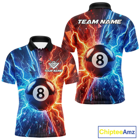 Custom blue and orange lightning 8 ball pool billiard team jersey polo shirt for men, personalized billiard league apparel and tournament jersey.