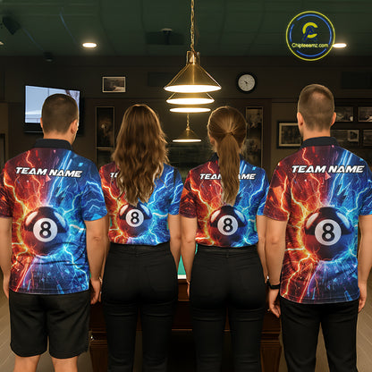 Billiard team wearing matching blue and orange lightning 8 ball pool jerseys back view.