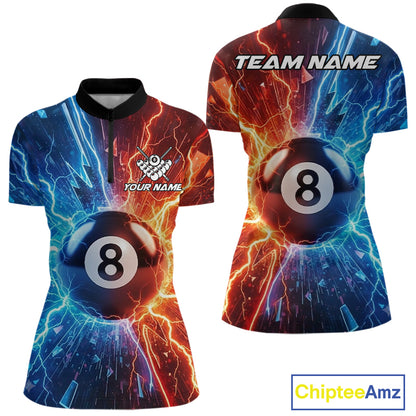 Custom blue and orange lightning 8 ball pool billiard quarter zip shirt for women, personalized pool team jersey.