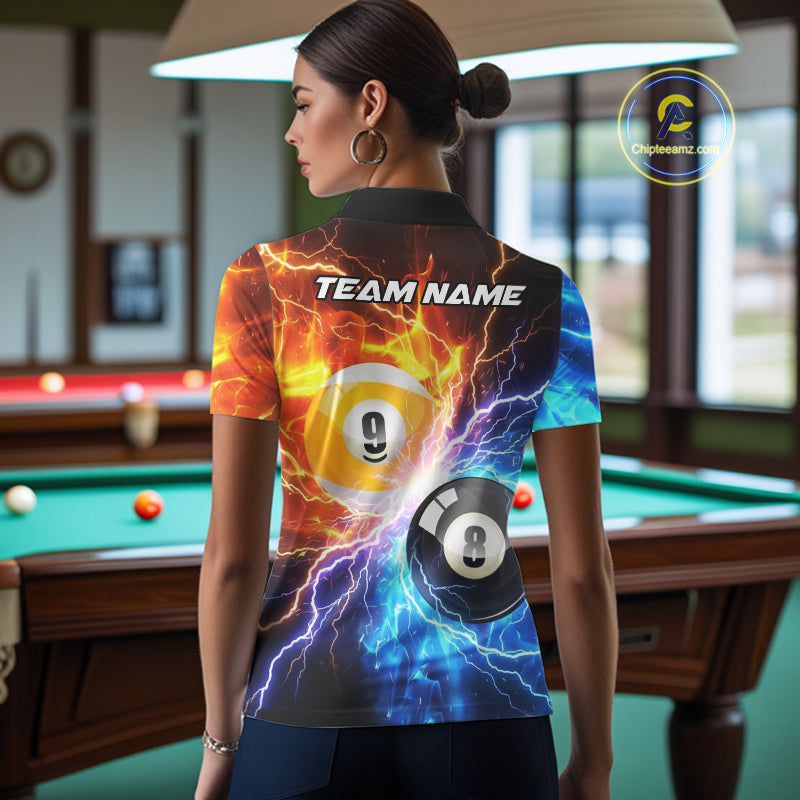 Woman wearing blue and orange lightning 8 ball and 9 ball billiard polo shirt back view.