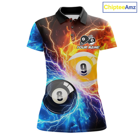 Custom blue and orange lightning 8 ball and 9 ball billiard pool team jersey polo shirt for women, personalized billiard league apparel.