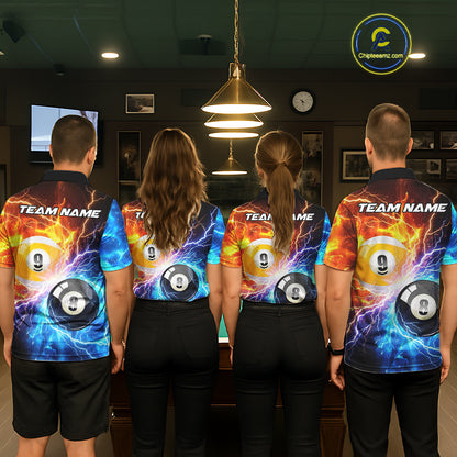 Billiard team wearing matching blue and orange lightning 8 ball and 9 ball jerseys back view.