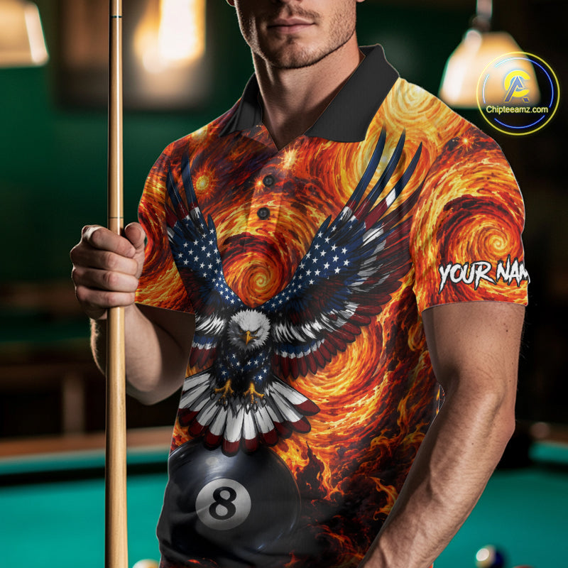 Man wearing custom fire flame red 8 ball US flag eagle billiard polo shirt front view.