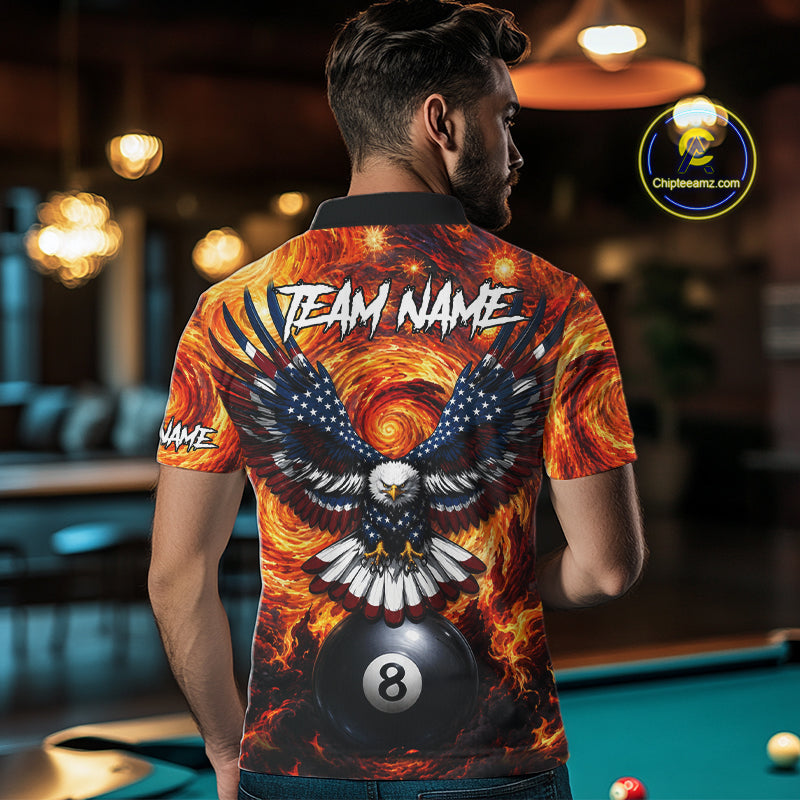 Man wearing custom fire flame red 8 ball US flag eagle billiard polo shirt back view.