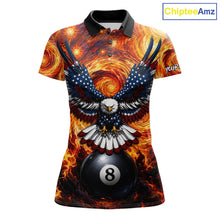 Load image into Gallery viewer, Custom fire flame red 8 ball US flag eagle billiard pool team jersey polo shirt for women, personalized billiard league apparel and tournament jersey.