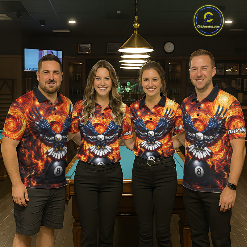 Billiard team wearing matching custom fire flame red 8 ball US flag eagle jerseys front view.