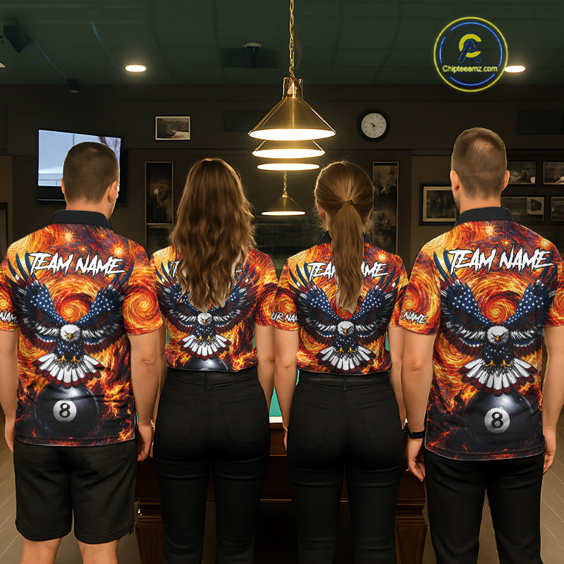 Billiard team wearing matching custom fire flame red 8 ball US flag eagle jerseys back vi